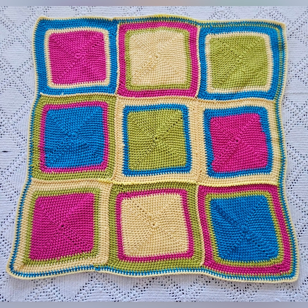 Handmade Crochet Baby Blanket Granny Square Hot Pink Teal Lime Yellow